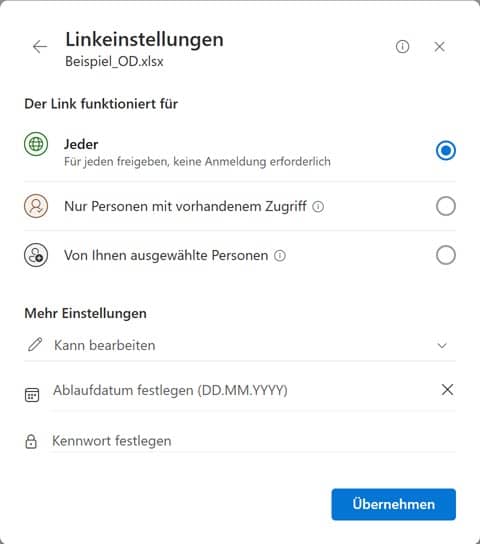 Beispiel OneDrive Freigabe Excel Datei