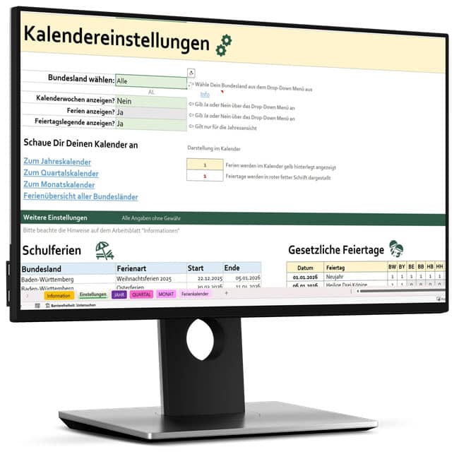 Kalendereinstellungen Vorschau Excel Vorlage