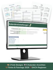 Excel Kalender Vorlage 2026 mit Ferien & Feiertagen (DACH)